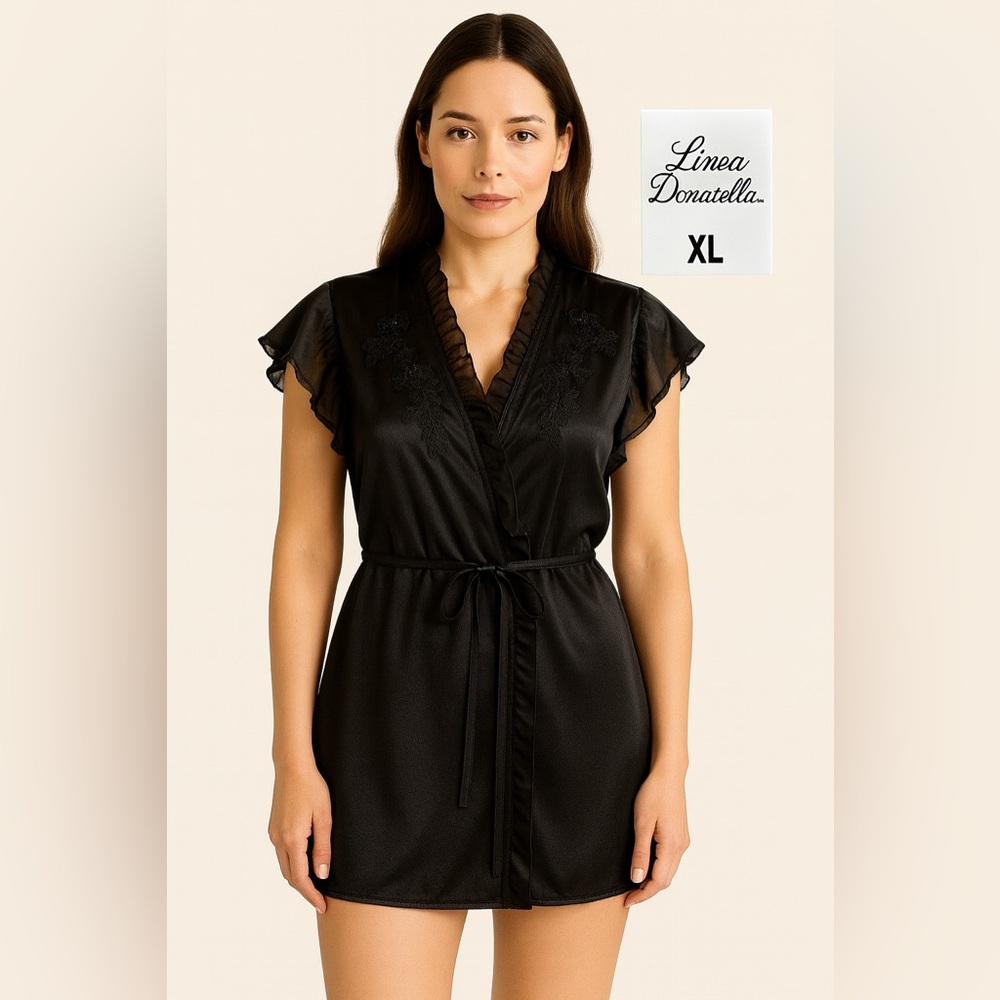 Linea Donatella Black Satin Short Robe with Lace Trim Size XL
